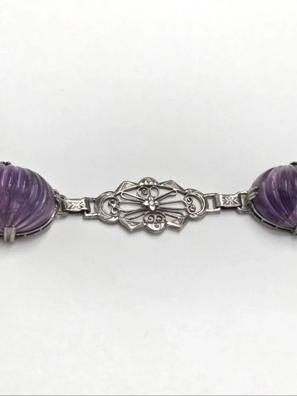 Vintage Art Deco Sterling Silver Filigree & Carved Amethyst Bracelet 7.5